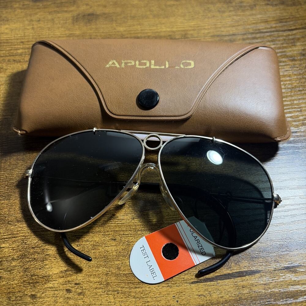 NOS New Vintage Apollo Men’s Metal Framed Aviator Sunglasses Lenses w Case